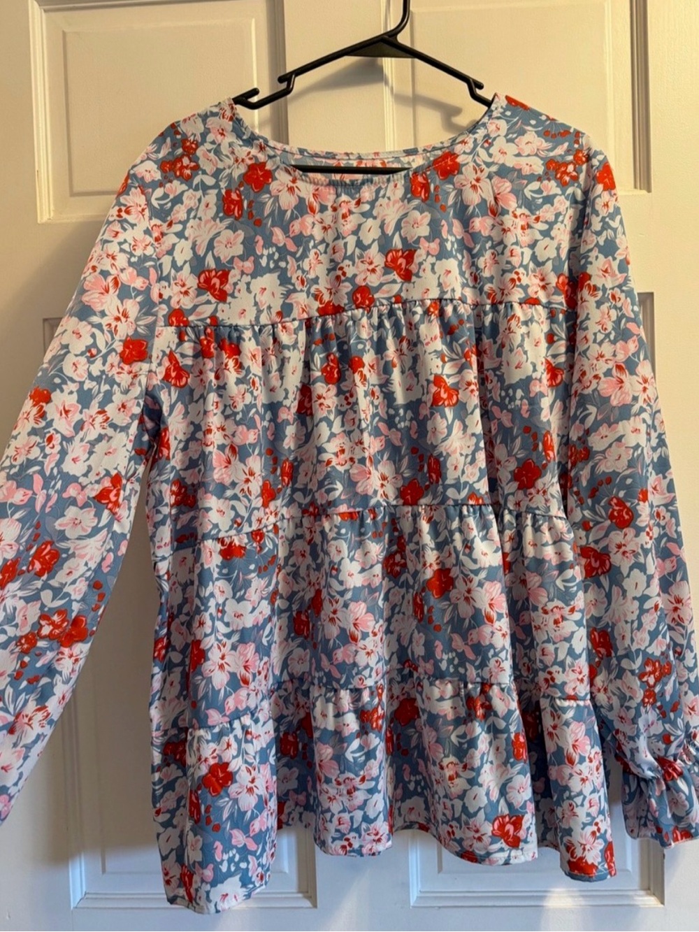 Girls' Floral Tiered Long-Sleeve Top - Blue with Red & Pink Flowers